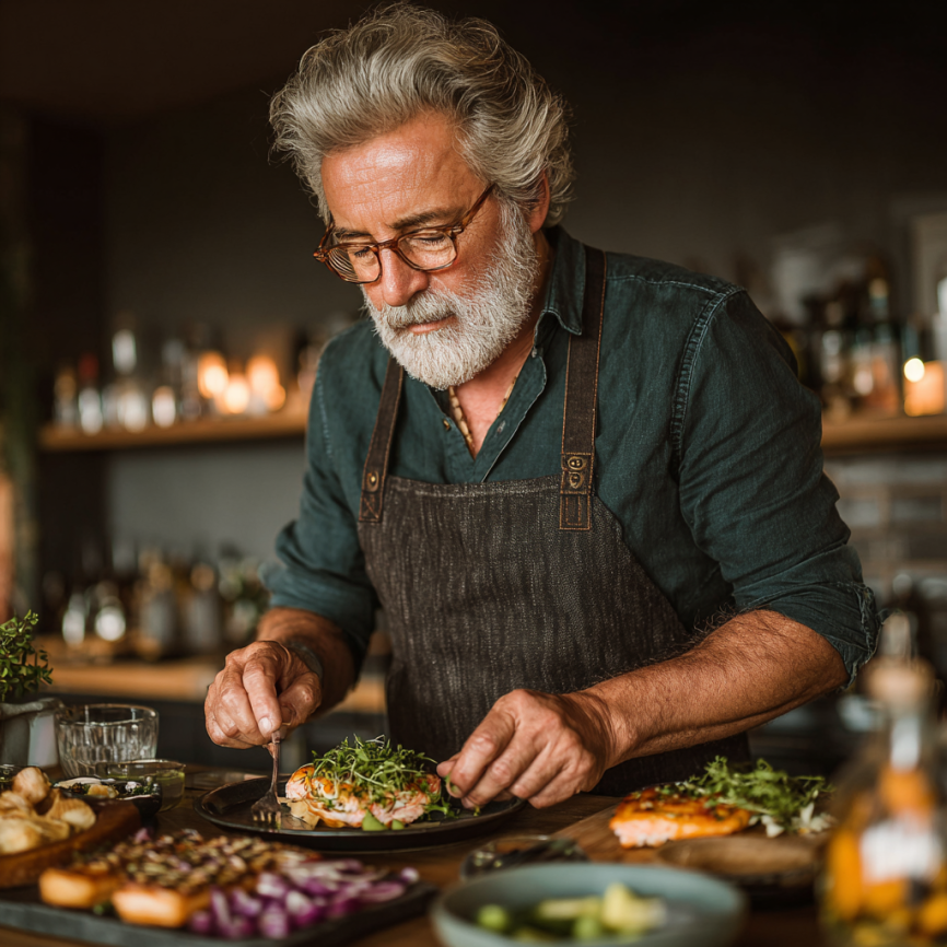 Літні люди готують здорову їжу